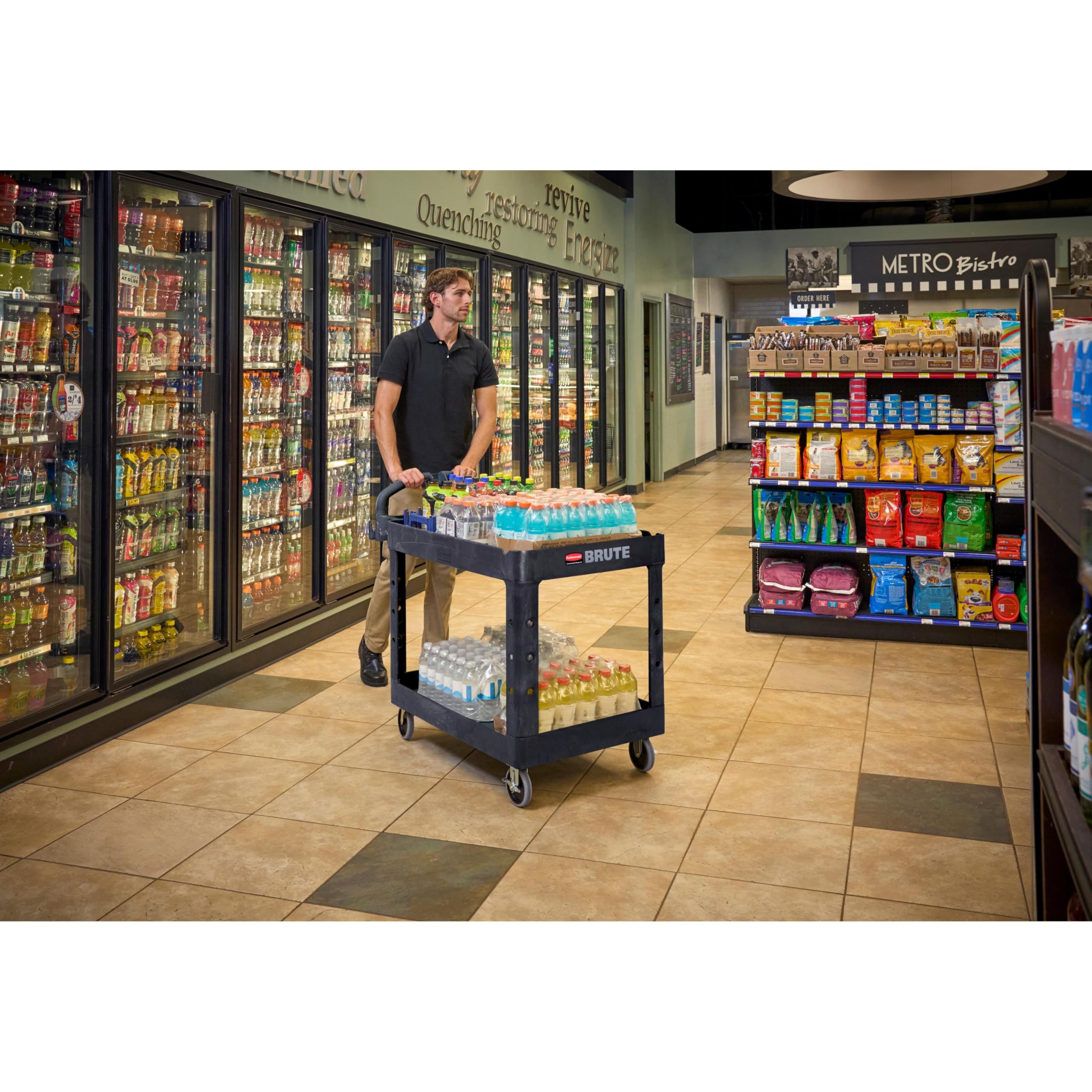 Rubbermaid Commercial Products 2-Shelf Utility/Service Cart, Medium, Black, Lipped Shelves, Ergonomic Handle, 500 Lbs Capacity, forfor Warehouse/Garage/Cleaning/Manufacturing - Image 12