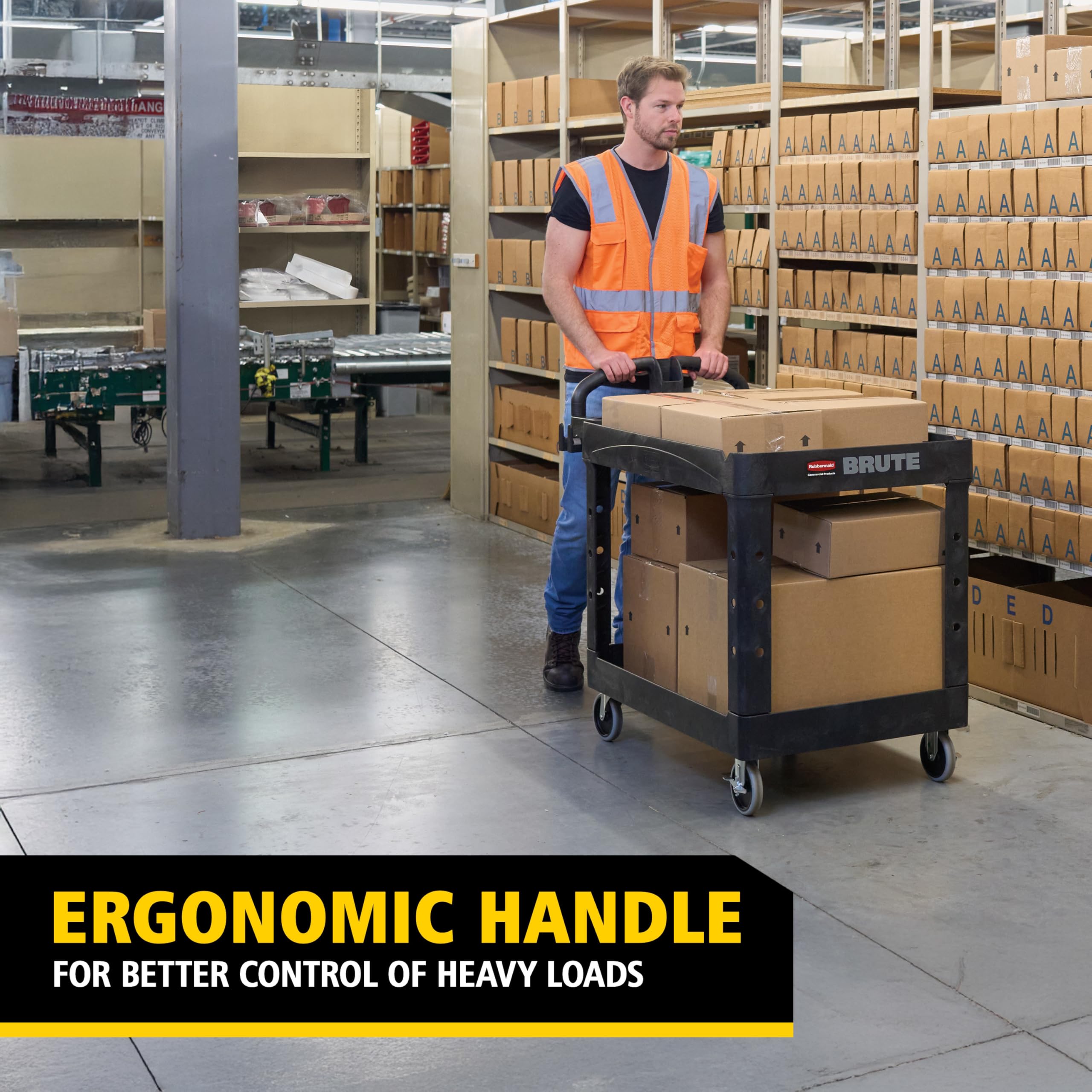 Rubbermaid Commercial Products 2-Shelf Utility/Service Cart, Medium, Black, Lipped Shelves, Ergonomic Handle, 500 Lbs Capacity, forfor Warehouse/Garage/Cleaning/Manufacturing - Image 5