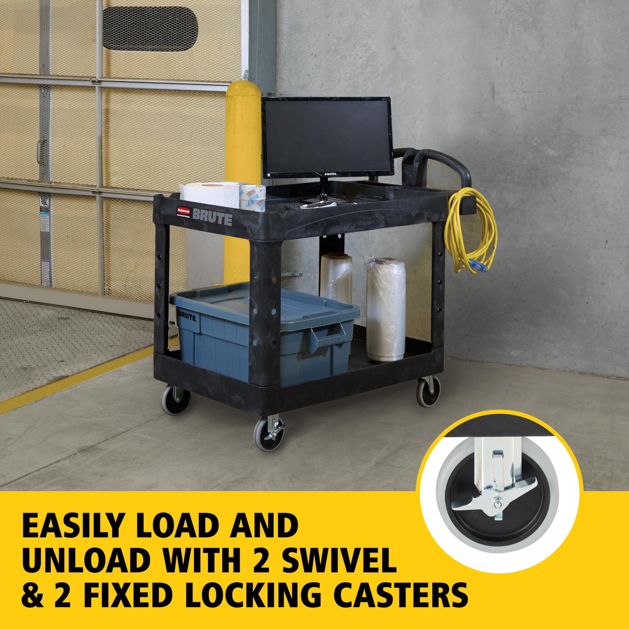 Rubbermaid Commercial Products 2-Shelf Utility/Service Cart, Medium, Black, Lipped Shelves, Ergonomic Handle, 500 Lbs Capacity, forfor Warehouse/Garage/Cleaning/Manufacturing - Image 6