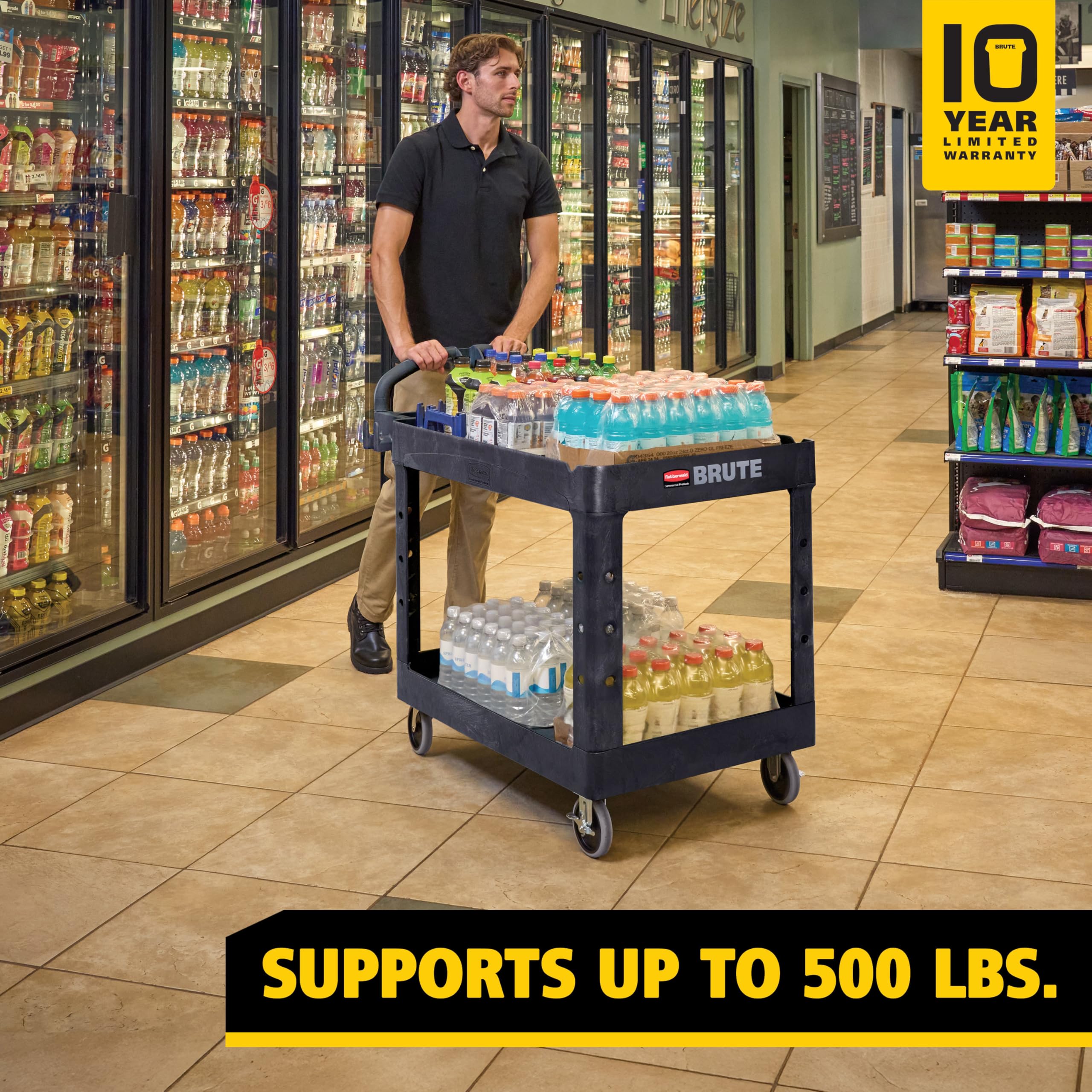 Rubbermaid Commercial Products 2-Shelf Utility/Service Cart, Medium, Black, Lipped Shelves, Ergonomic Handle, 500 Lbs Capacity, forfor Warehouse/Garage/Cleaning/Manufacturing - Image 7