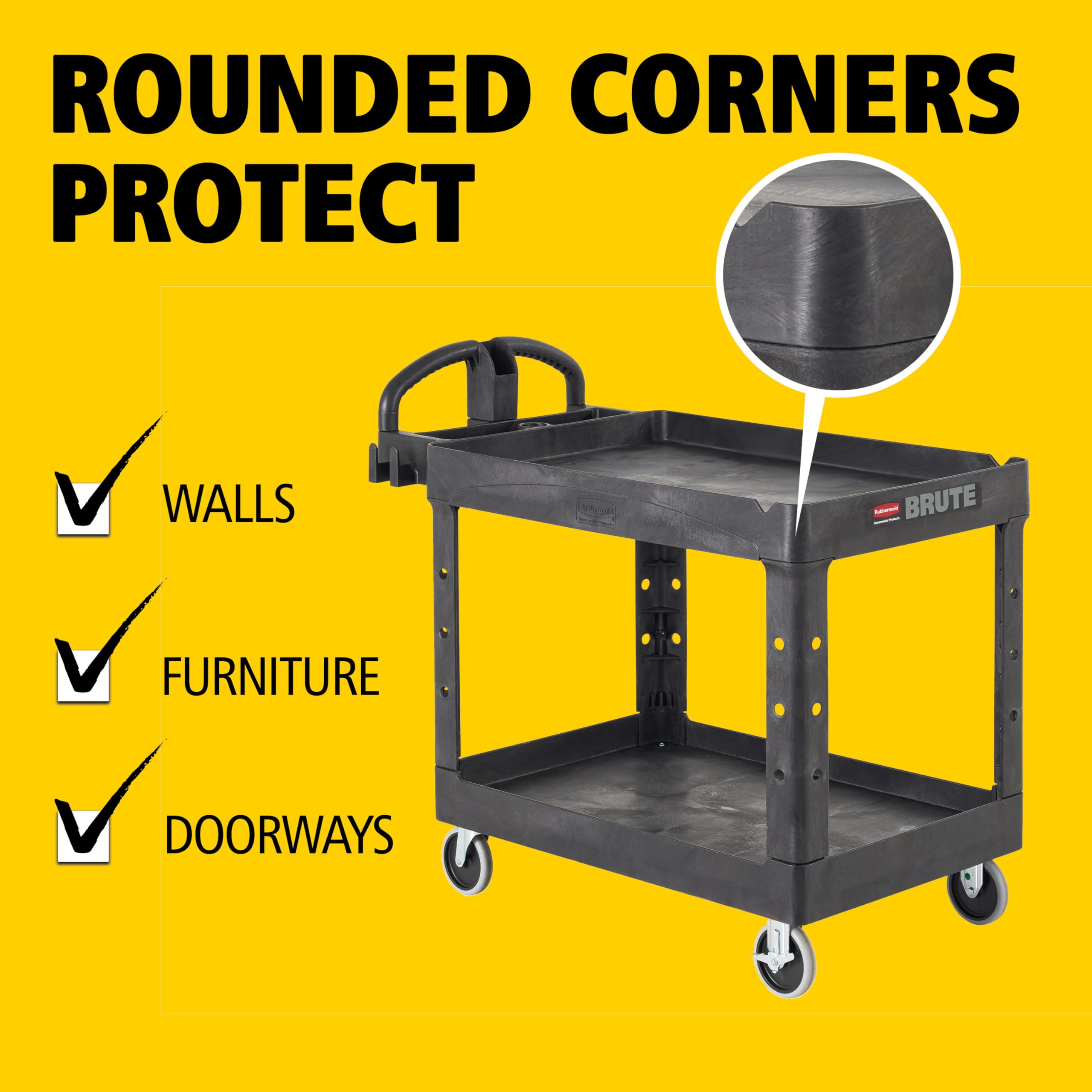 Rubbermaid Commercial Products 2-Shelf Utility/Service Cart, Medium, Black, Lipped Shelves, Ergonomic Handle, 500 Lbs Capacity, forfor Warehouse/Garage/Cleaning/Manufacturing - Image 8