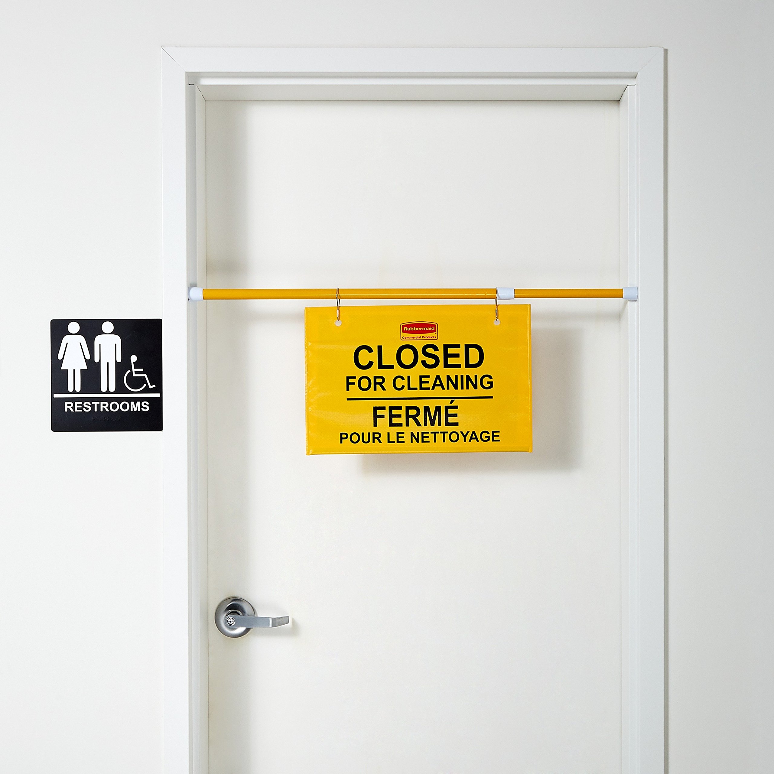 Rubbermaid Commercial Products Heavy Duty Extend-to-Fit, Multilingual "Closed For Cleaning" Hanging Doorway Safety Sign, Yellow, for Office/Restroom/Restaurant/School/Hospital/Hotel - Image 5