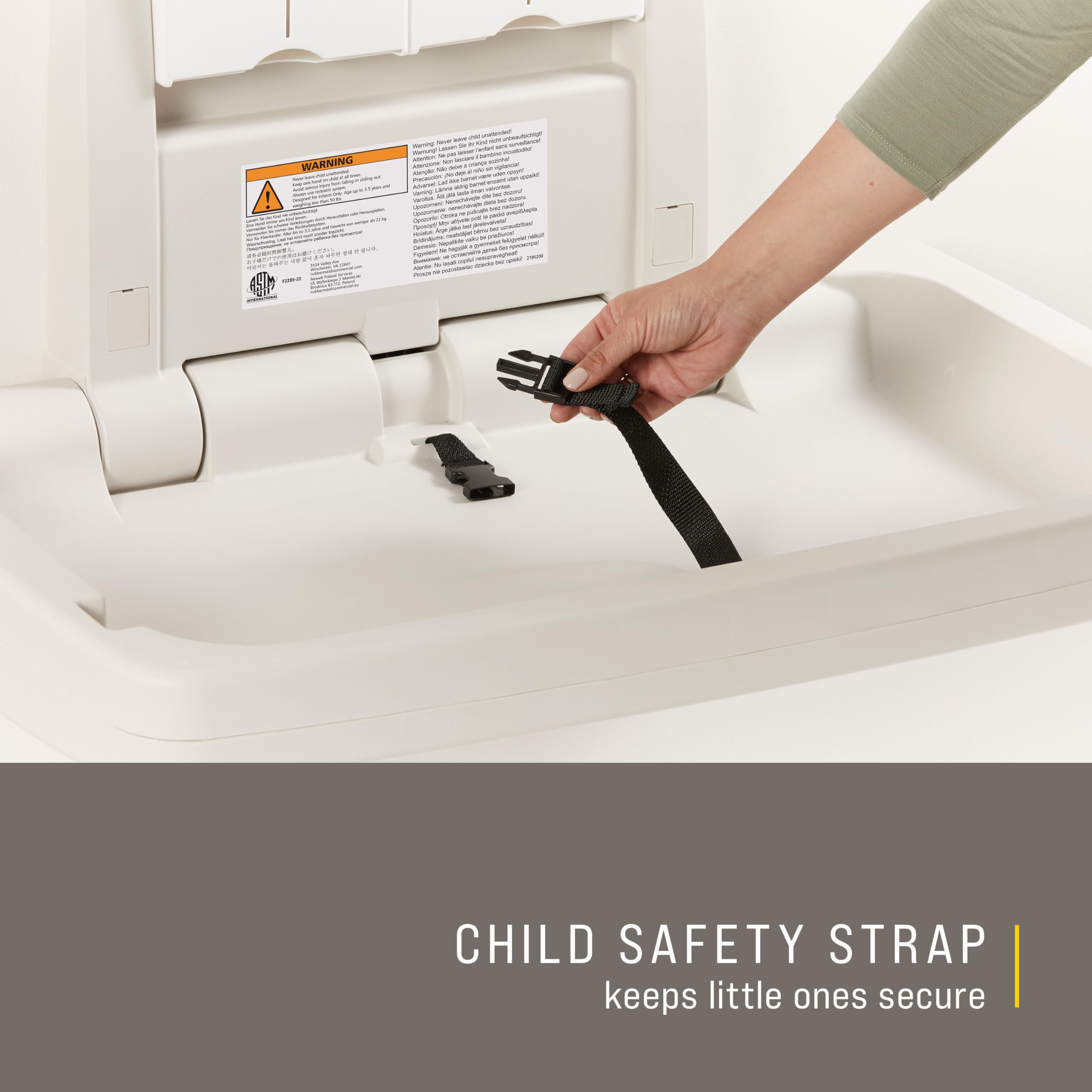 Rubbermaid Commercial Products Horizontal Baby Changing Station, Light Platinum, Wall-Mounted Fold-Down Diaper Change Table with Safety Straps for Restaurants/Hotels/Schools/Airports - Image 7